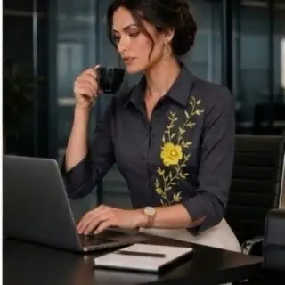 Bindu Noir Blossom – Premium Hand Embroidered Women's Rayon Shirt | Black | Floral Handmade Design image 2