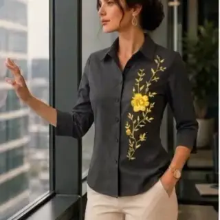 Bindu Noir Blossom – Premium Hand Embroidered Women's Rayon Shirt | Black | Floral Handmade Design image 4
