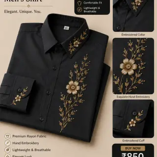 Bindu Noir Blossom – Premium Hand Embroidered Women's Rayon Shirt | Black | Floral Handmade Design image 3